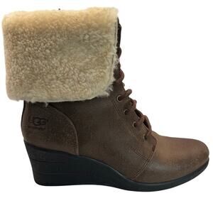 UGG Zea Waterproof Wedge Lace Up Boots Shearling Cuff Brown Women’s 9
